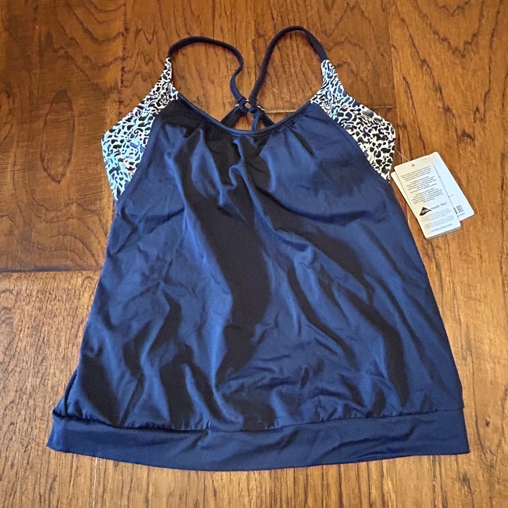 Athleta Navy Blue Tankini Top with Leopard Print Accents